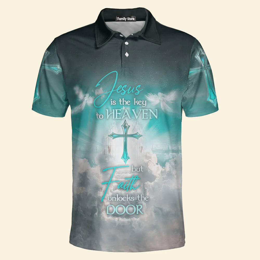 Jesus Is The Key To Heaven But Faith Unlocks The Door Polo For Men - Image 3