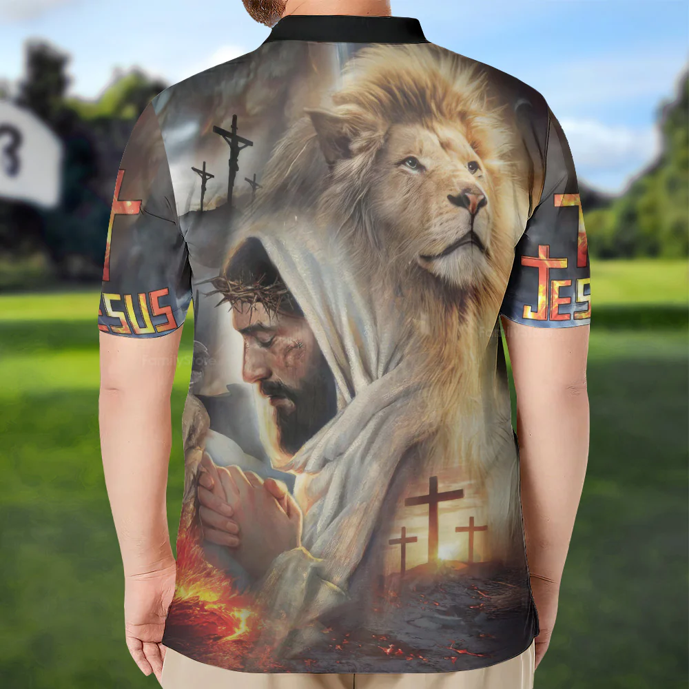 Jesus Praying And Lion Polo Shirt For Men - Image 2