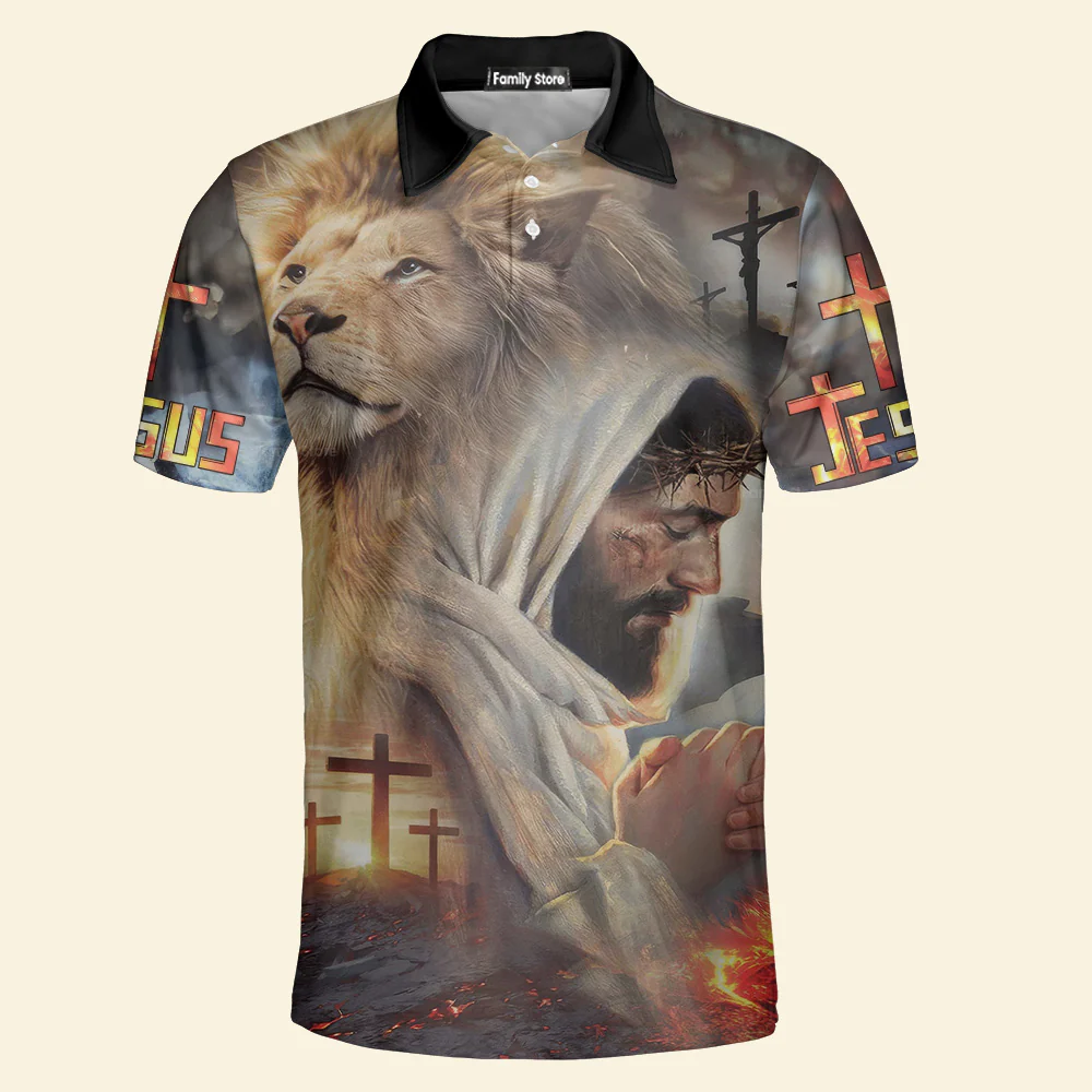Jesus Praying And Lion Polo Shirt For Men - Image 3