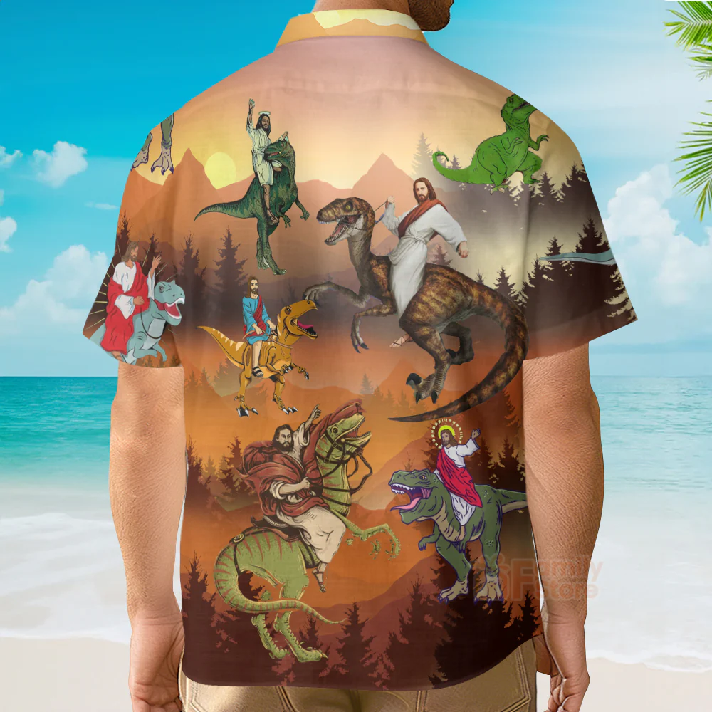 Jesus Rides A Dinosaur Hawaiian Shirt - Image 4