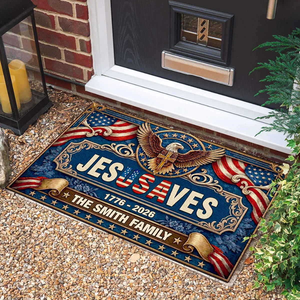 Jesus Saves Our Family - Personalized Doormat - Gift For Patriots