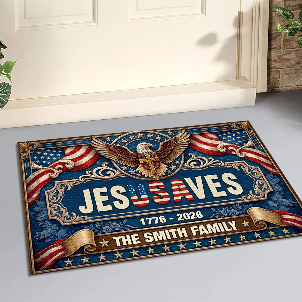 Jesus Saves Our Family - Personalized Doormat - Gift For Patriots - Image 3
