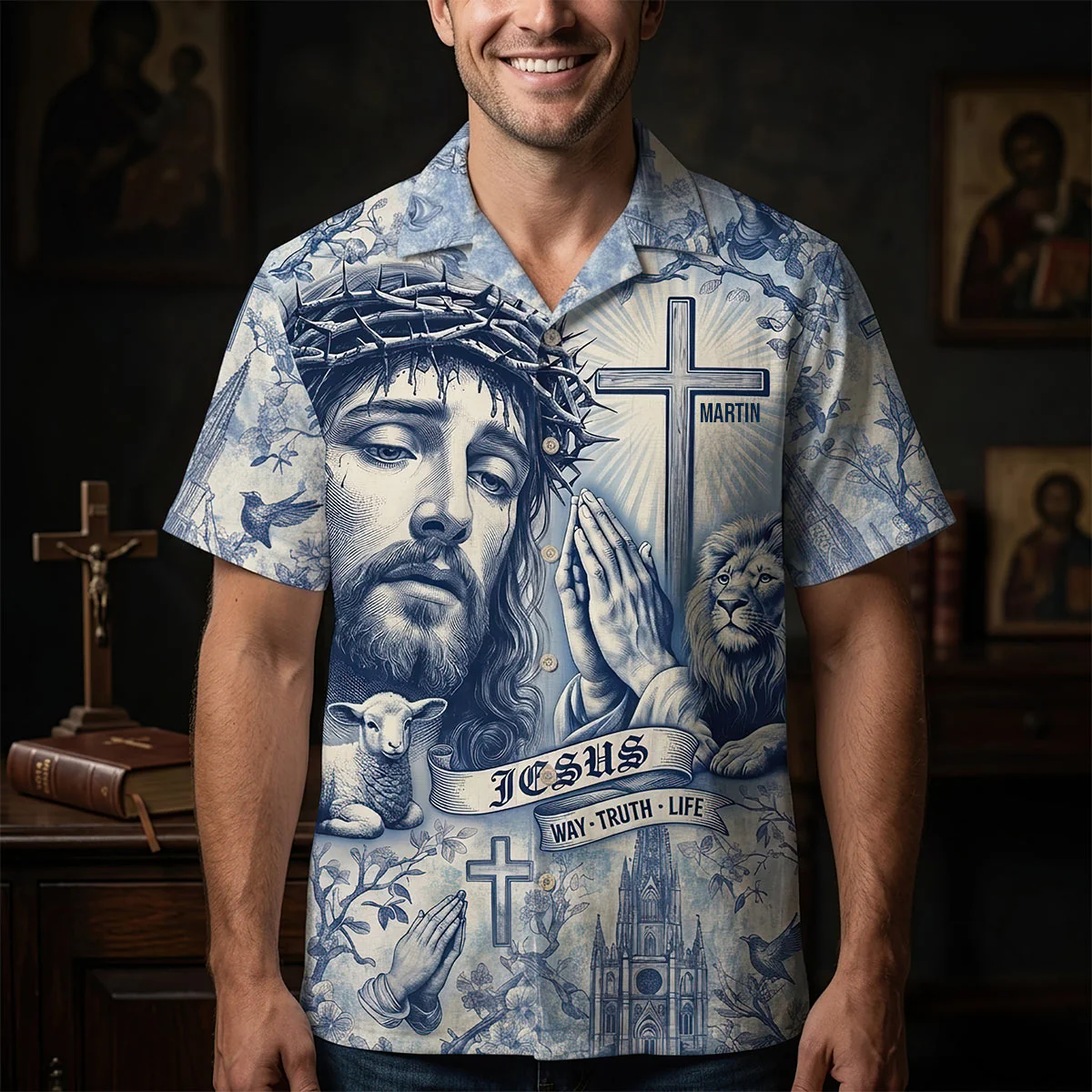 Jesus Way Truth Life Toile De Jouy - Personalized Hawaiian Shirt - Gift For Christian - Image 3
