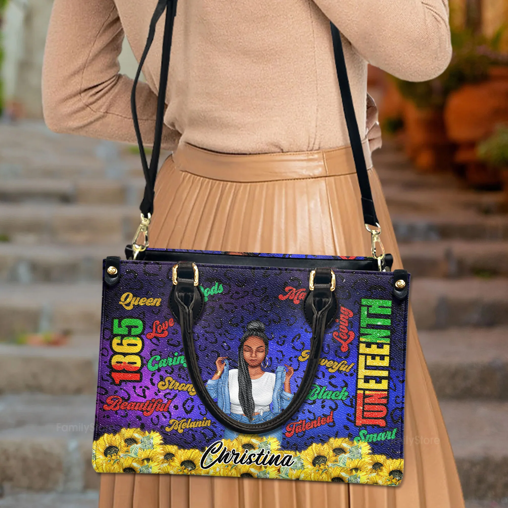 Juneteenth 1865 Sunflower - Personalized Leather Bag - Juneteenth, Birthday Gift For Black Woman, Mother, Friend, Sister | GR3 - Image 3