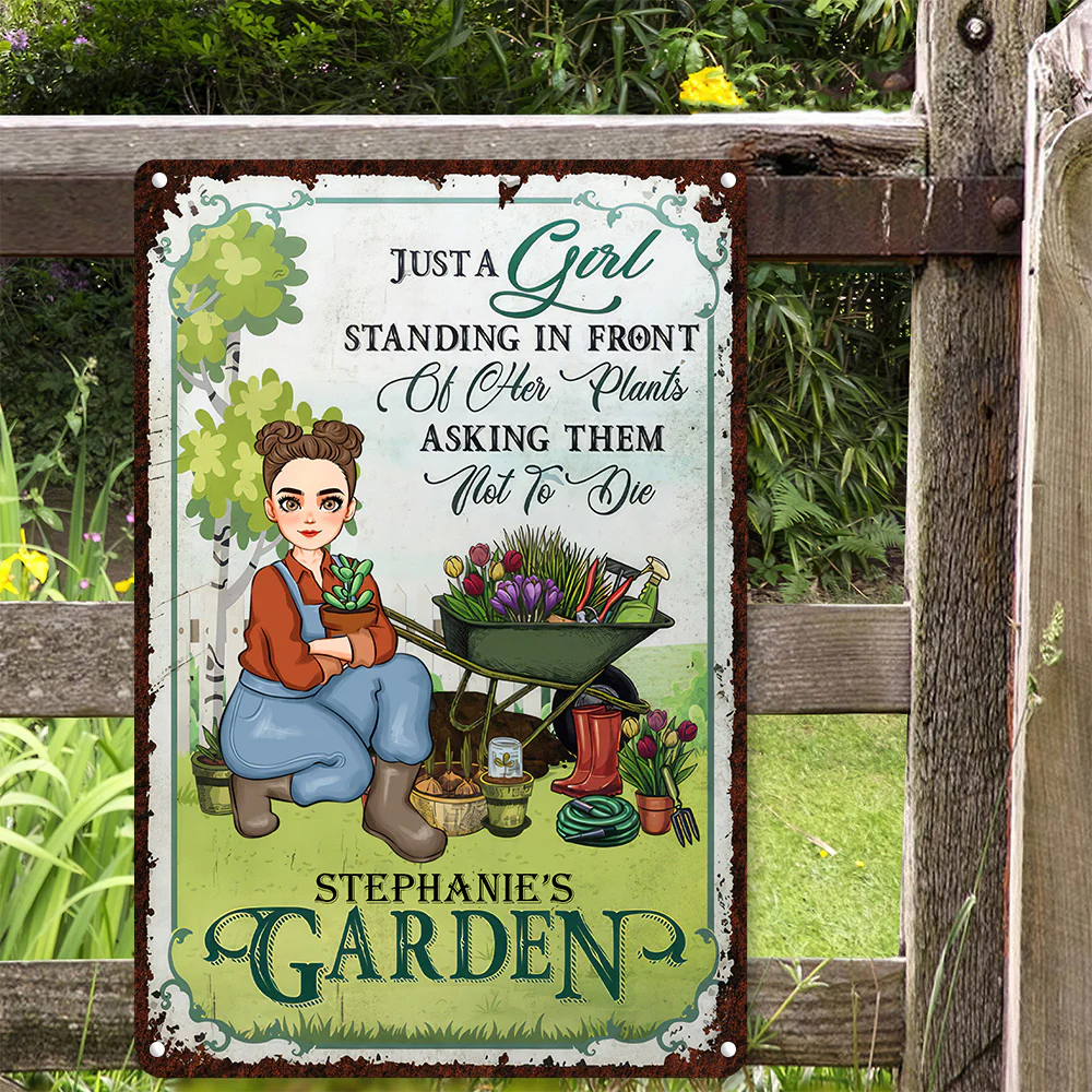 Just A Girl Standing In Front Of Her Plants Asking Them Not To Die - Personalized Metal Sign - Gift For Mom, Grandma, Mothers Day, Plant Lovers | GR17 NA94 - Image 2