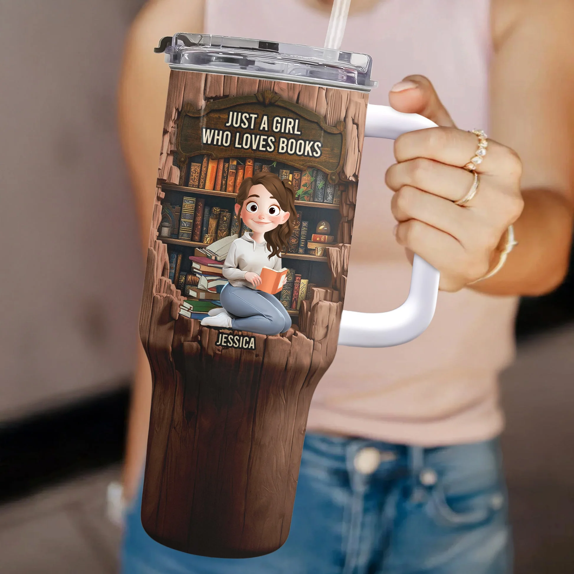 Just A Girl Who Loves Books-Wood Effect - Personalized Tumbler | CLB1