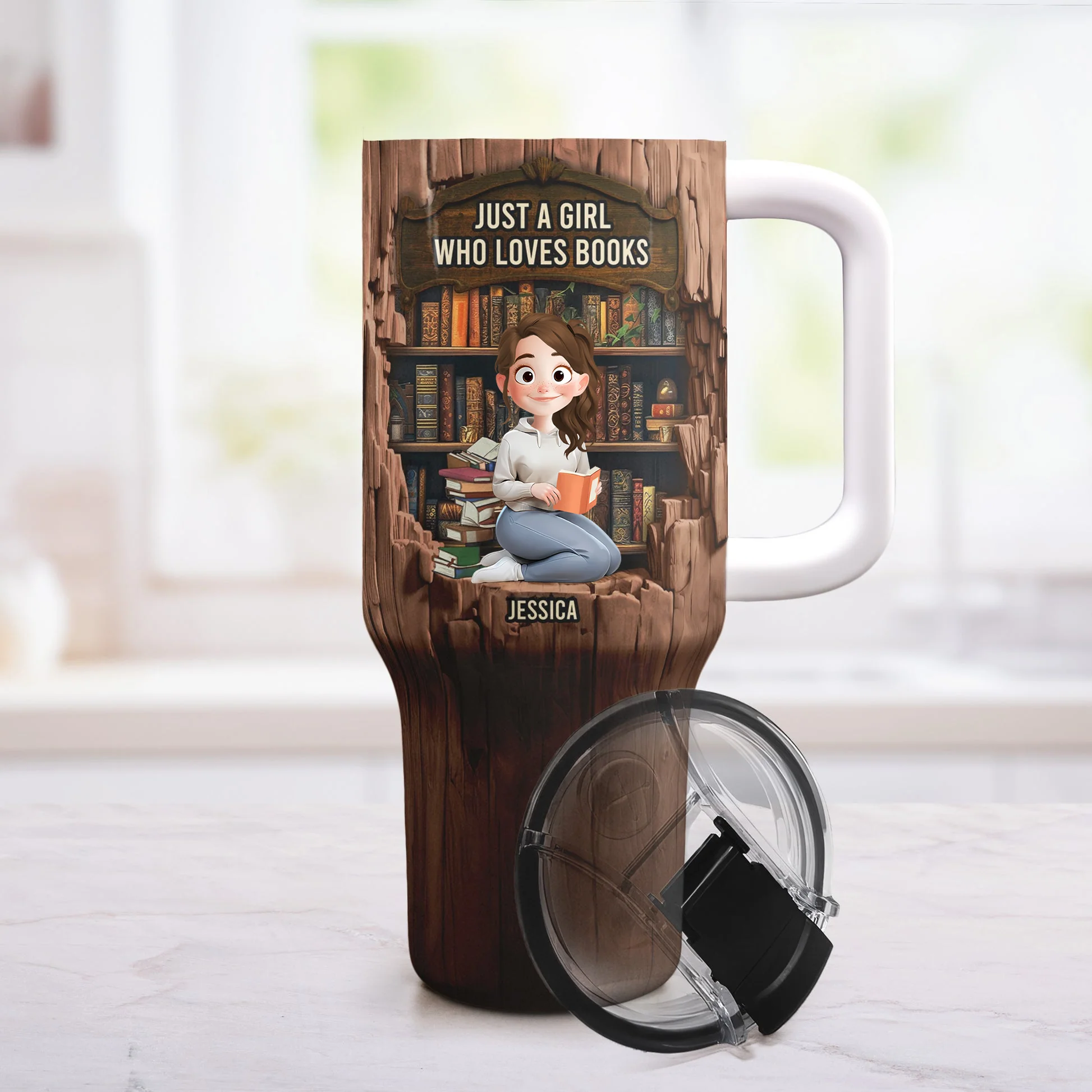 Just A Girl Who Loves Books-Wood Effect - Personalized Tumbler | CLB1 - Image 2