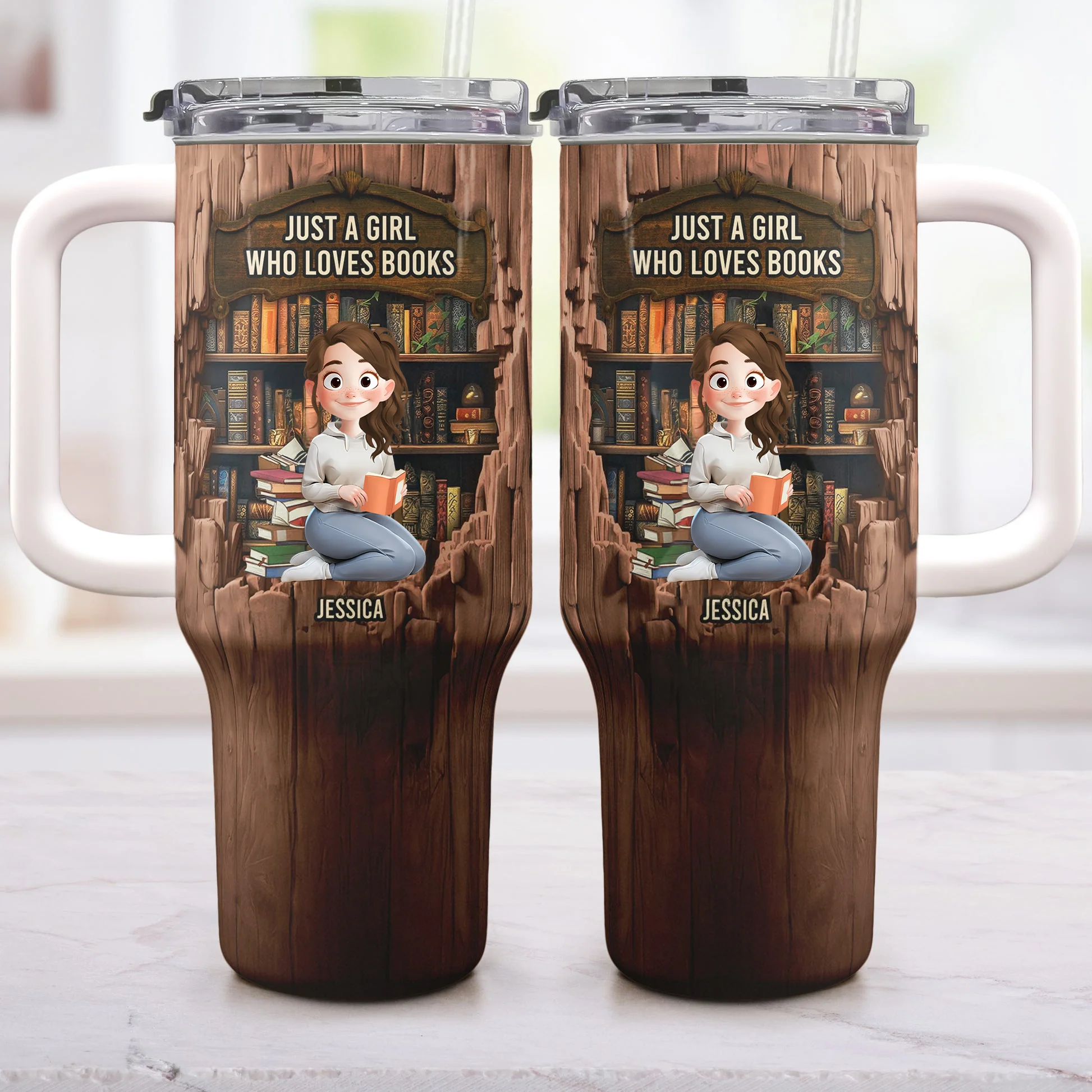 Just A Girl Who Loves Books-Wood Effect - Personalized Tumbler | CLB1 - Image 3