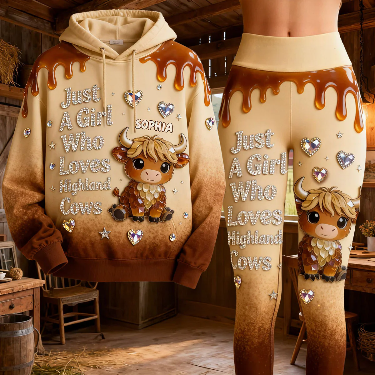 Just Loves Highland Cows - Personalized Hoodie and Leggings - Gift For Her