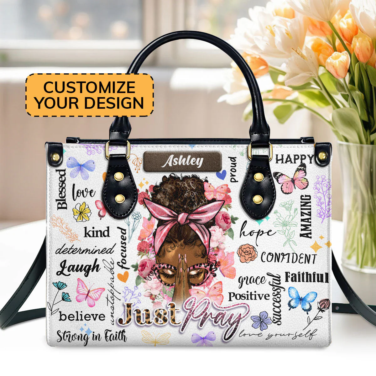 Just Pray Butterfly Floral Purse - Personalized Leather Handbag - Gift For Women HD95