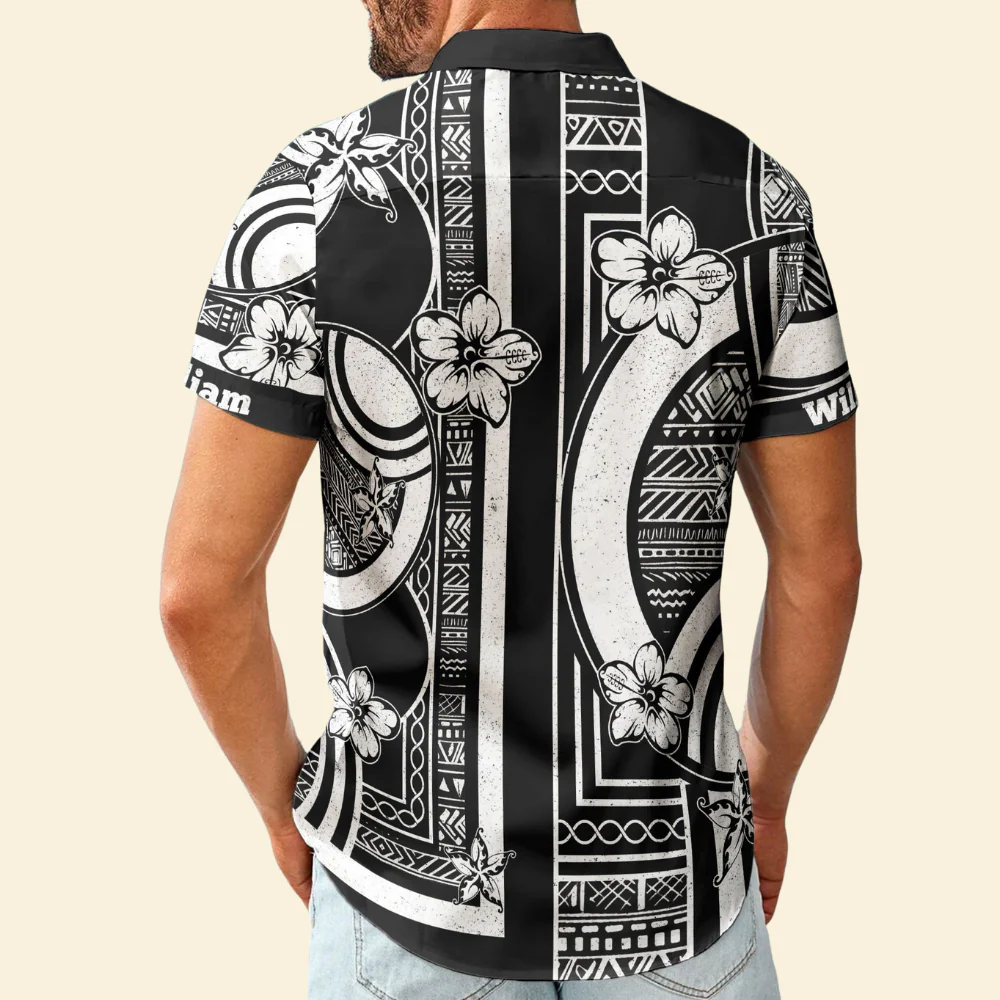 Custom Name Kapa Pattern Vintage Black White - Personalized Hawaiian Shirt - Image 2