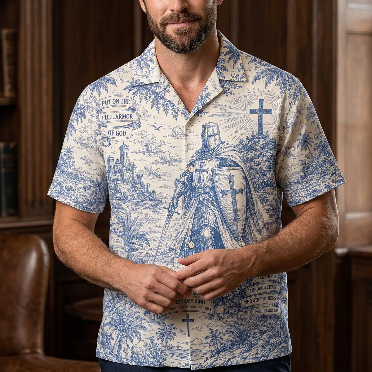 Knight Templar Jesus Is My King Toile De Jouy - Personalized Hawaiian Shirt - Gift For Christian - Image 2