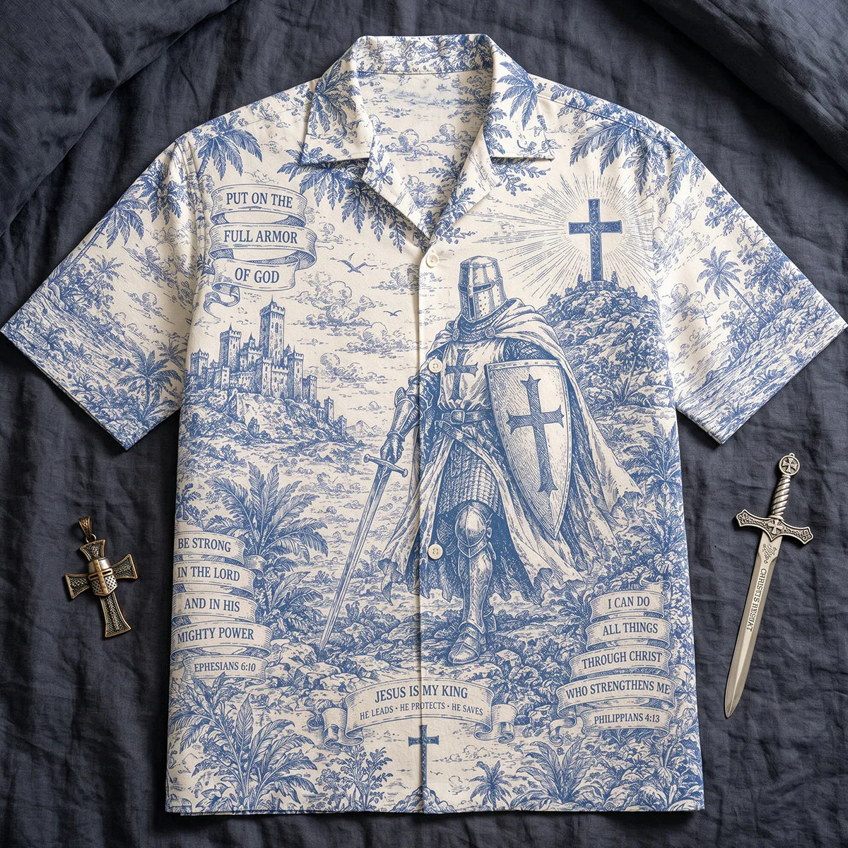 Knight Templar Jesus Is My King Toile De Jouy - Personalized Hawaiian Shirt - Gift For Christian - Image 3