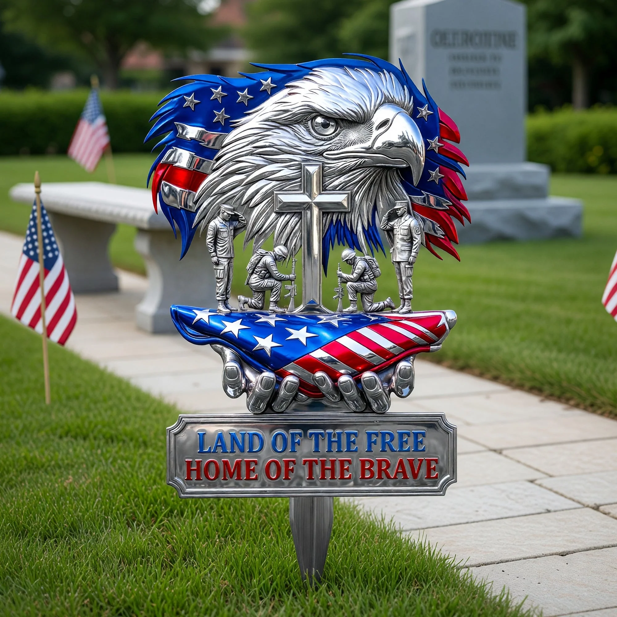Land Of Free Home Of Brave Cross Soldier Eagle - Personalized Metal Stake Garden - Gift For Him