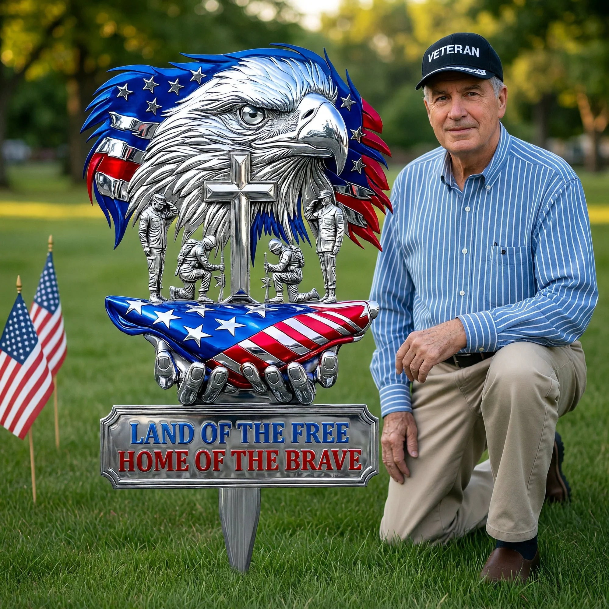 Land Of Free Home Of Brave Cross Soldier Eagle - Personalized Metal Stake Garden - Gift For Him - Image 3