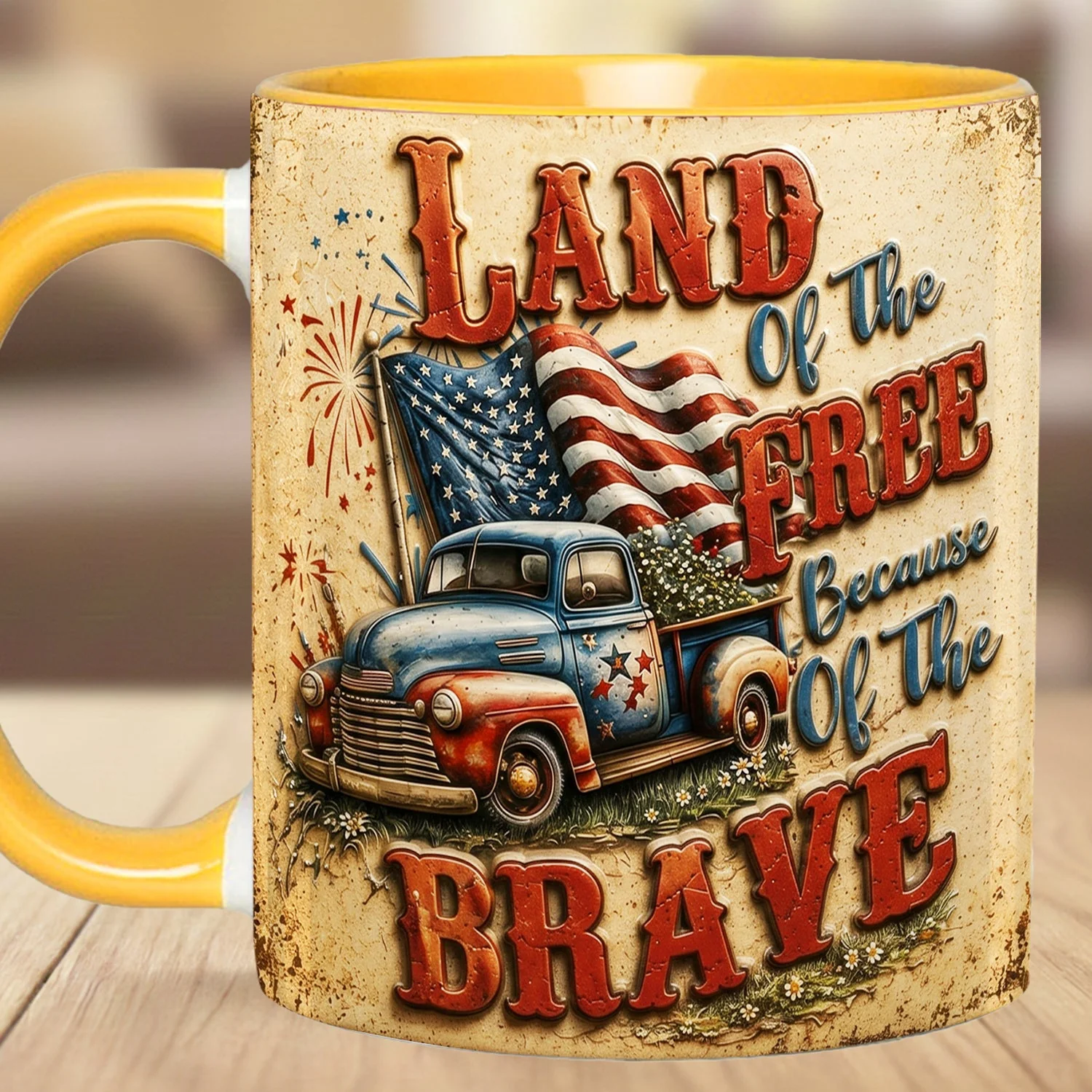 Land Of The Free Because Of The Brave Vintage Truck - Personalized Accent Mug - Gift For Patriots - Image 11