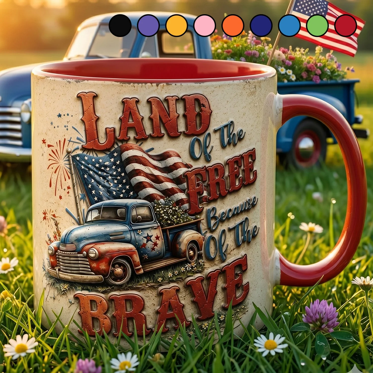 Land Of The Free Because Of The Brave Vintage Truck - Personalized Accent Mug - Gift For Patriots - Image 2