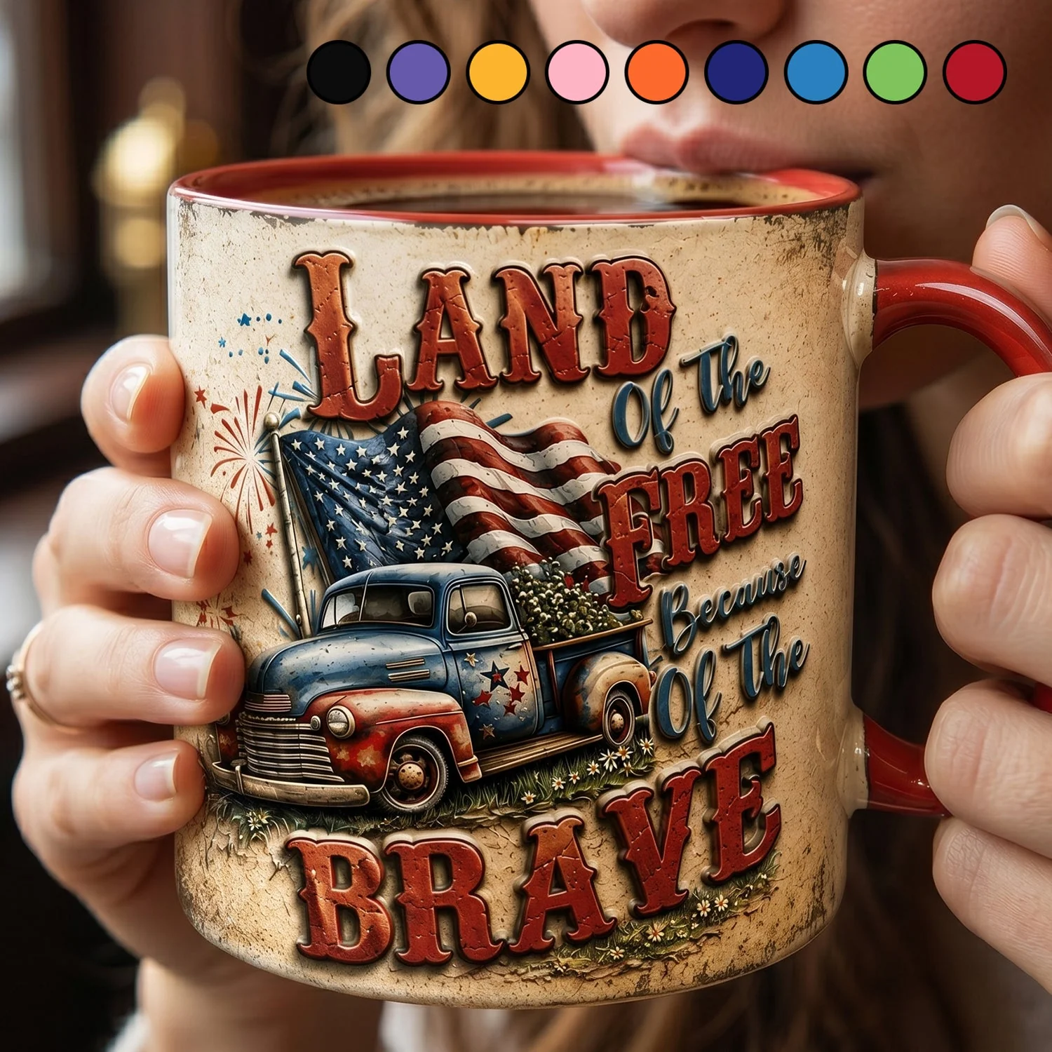 Land Of The Free Because Of The Brave Vintage Truck - Personalized Accent Mug - Gift For Patriots - Image 3