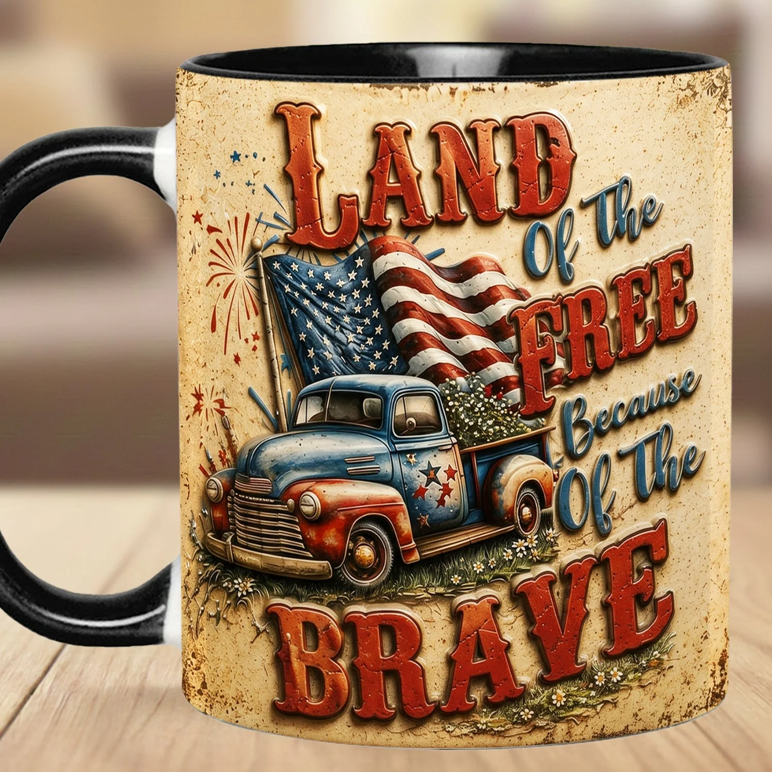 Land Of The Free Because Of The Brave Vintage Truck - Personalized Accent Mug - Gift For Patriots - Image 5