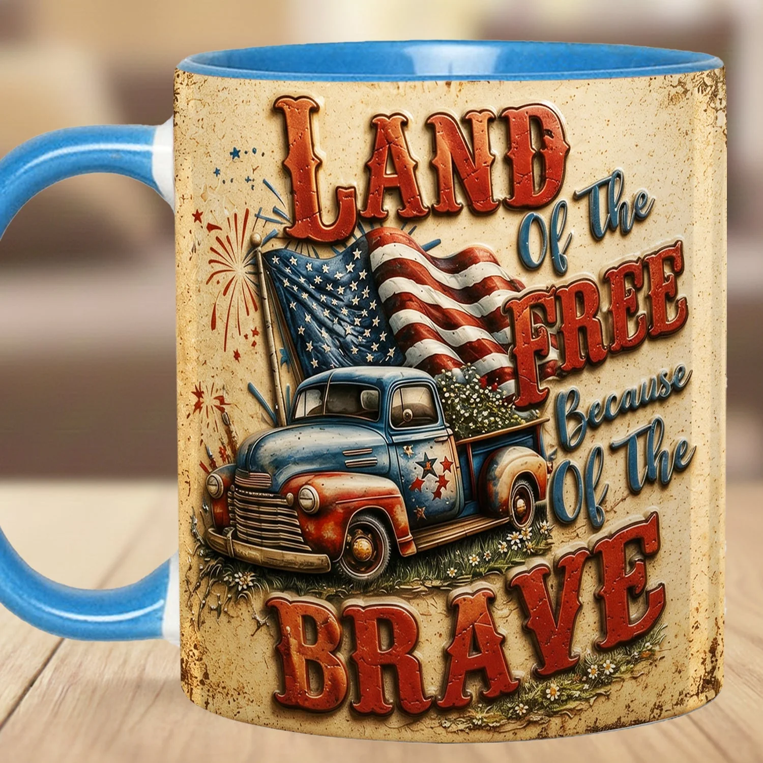 Land Of The Free Because Of The Brave Vintage Truck - Personalized Accent Mug - Gift For Patriots - Image 8