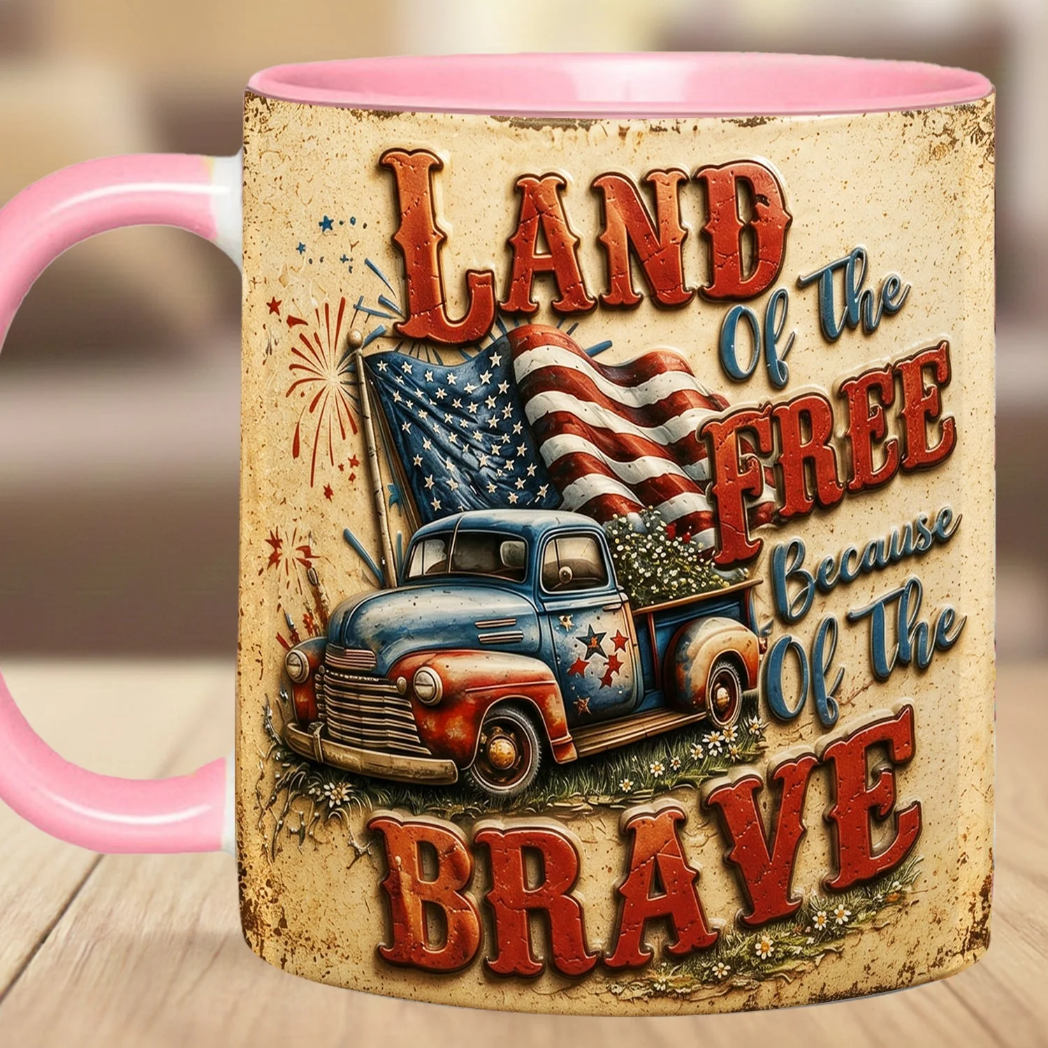 Land Of The Free Because Of The Brave Vintage Truck - Personalized Accent Mug - Gift For Patriots - Image 9