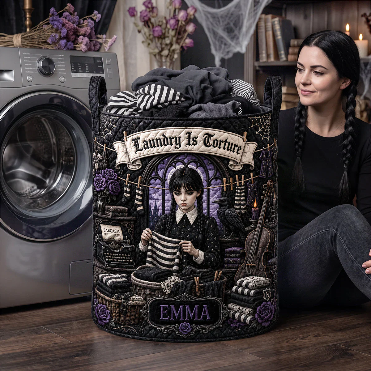 Laundry Is Torture With Dark Gothic Girl - Personalized Quilted Laundry Basket - Halloween Gift