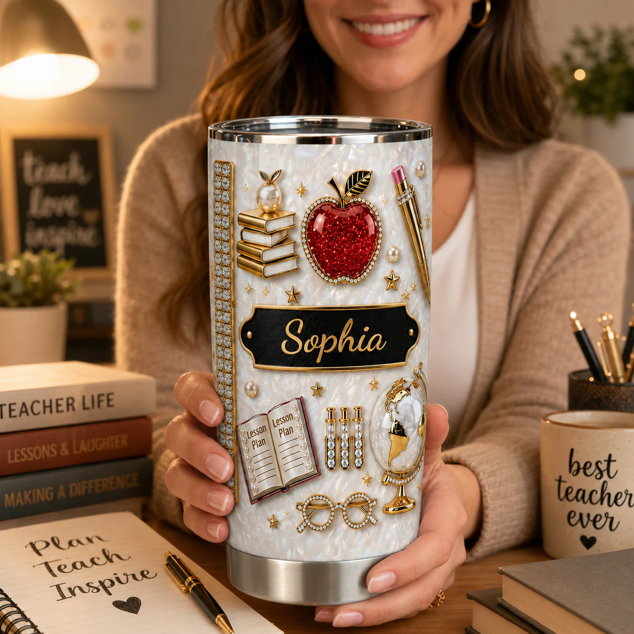 Lesson Plan Apple And Book - Personalized Stainless Steel Tumbler - Gift For Teacher, Book Lovers