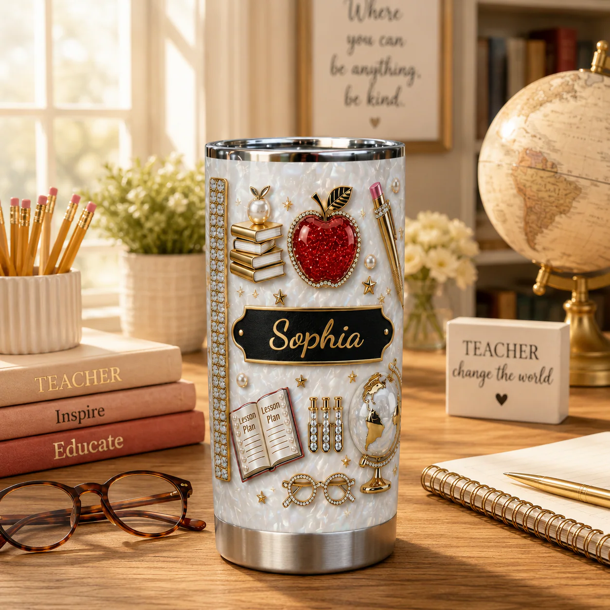Lesson Plan Apple And Book - Personalized Stainless Steel Tumbler - Gift For Teacher, Book Lovers - Image 4