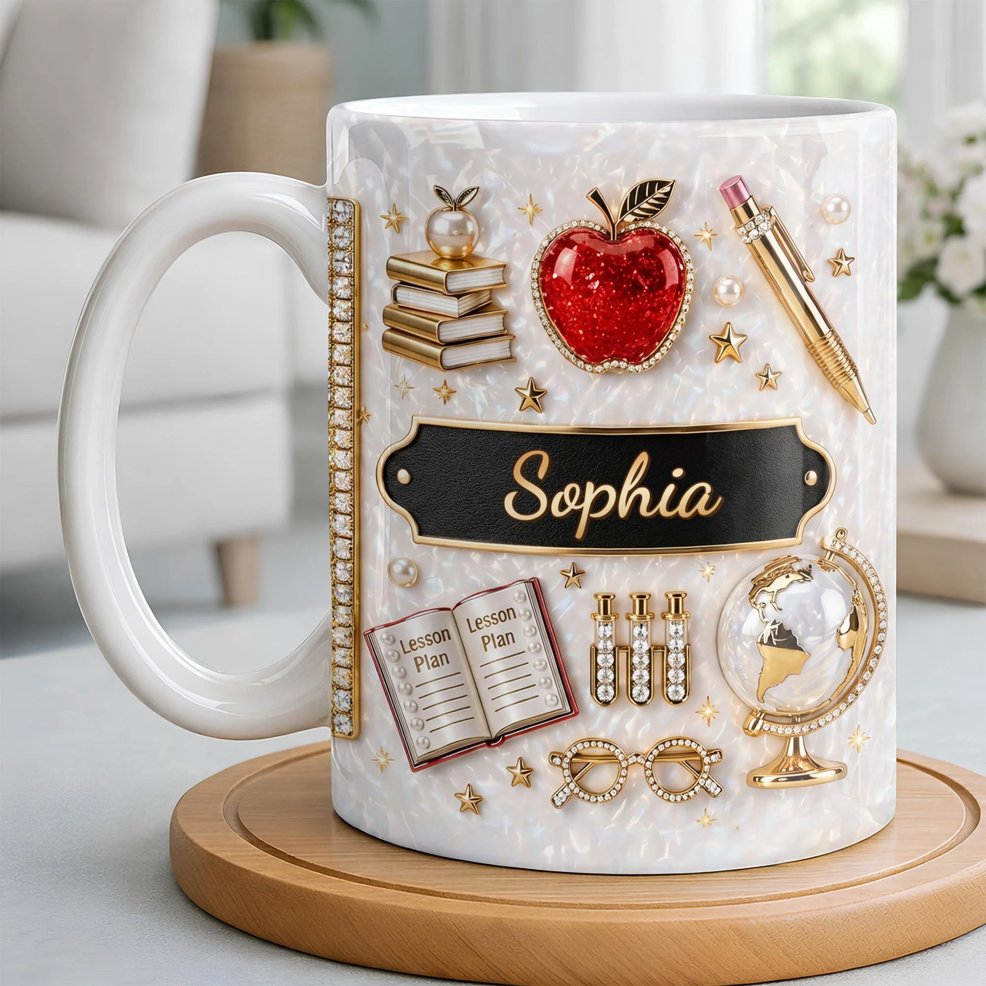 Lesson Plan Apple And Book - Personalized White Ceramic Mug - Gift For Teacher, Book Lovers - Image 3