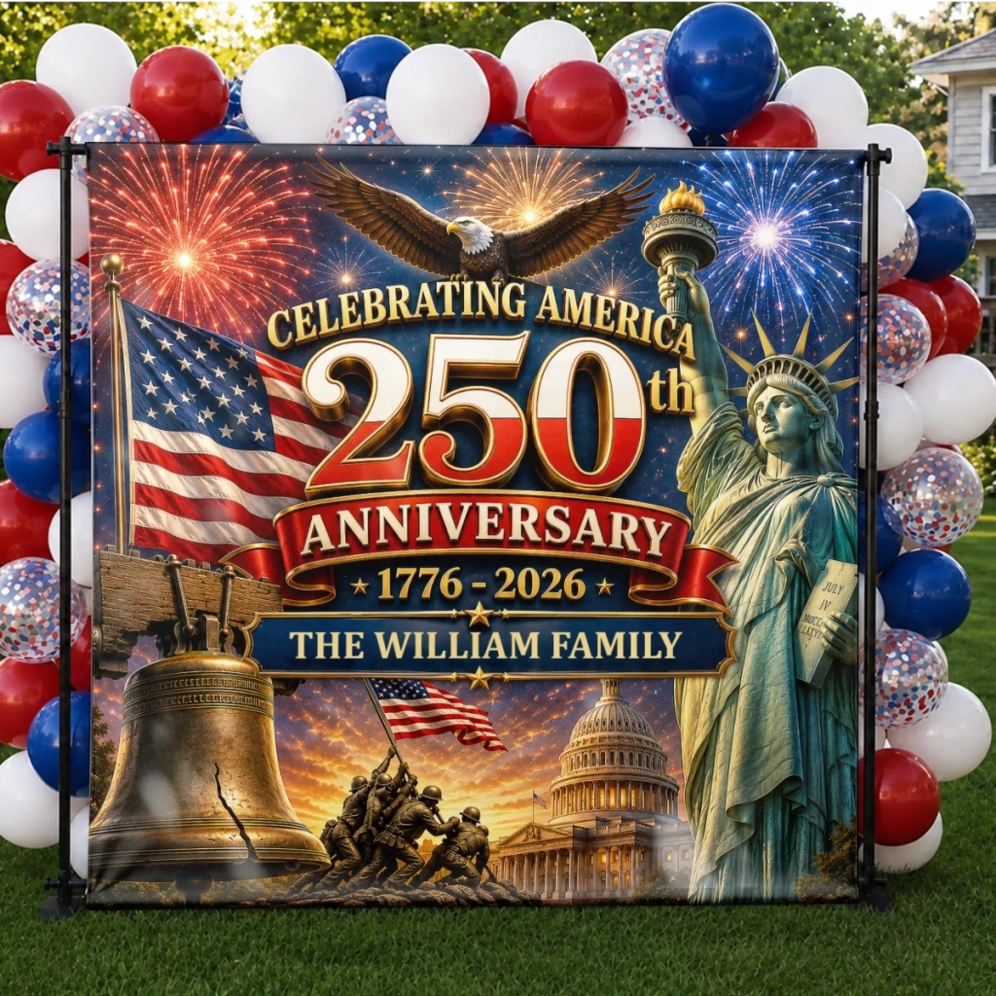 Liberty Bell & Statue of Liberty Fireworks Celebrating America 250th Anniversary Party Banner - Personalized Backdrop - Gift For Patriotic Family - Image 4