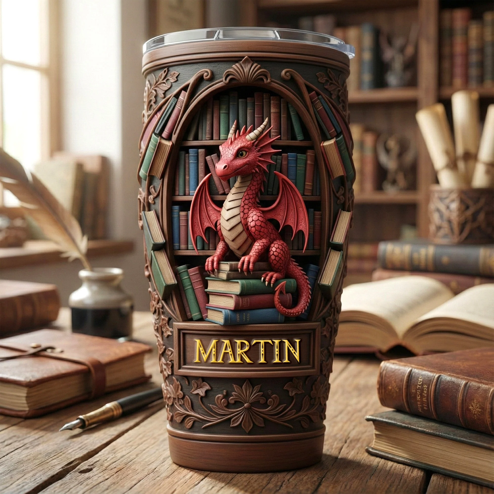 Literary Dragon Guardian - Personalized Tumbler - Gifts For Book Lovers HH01