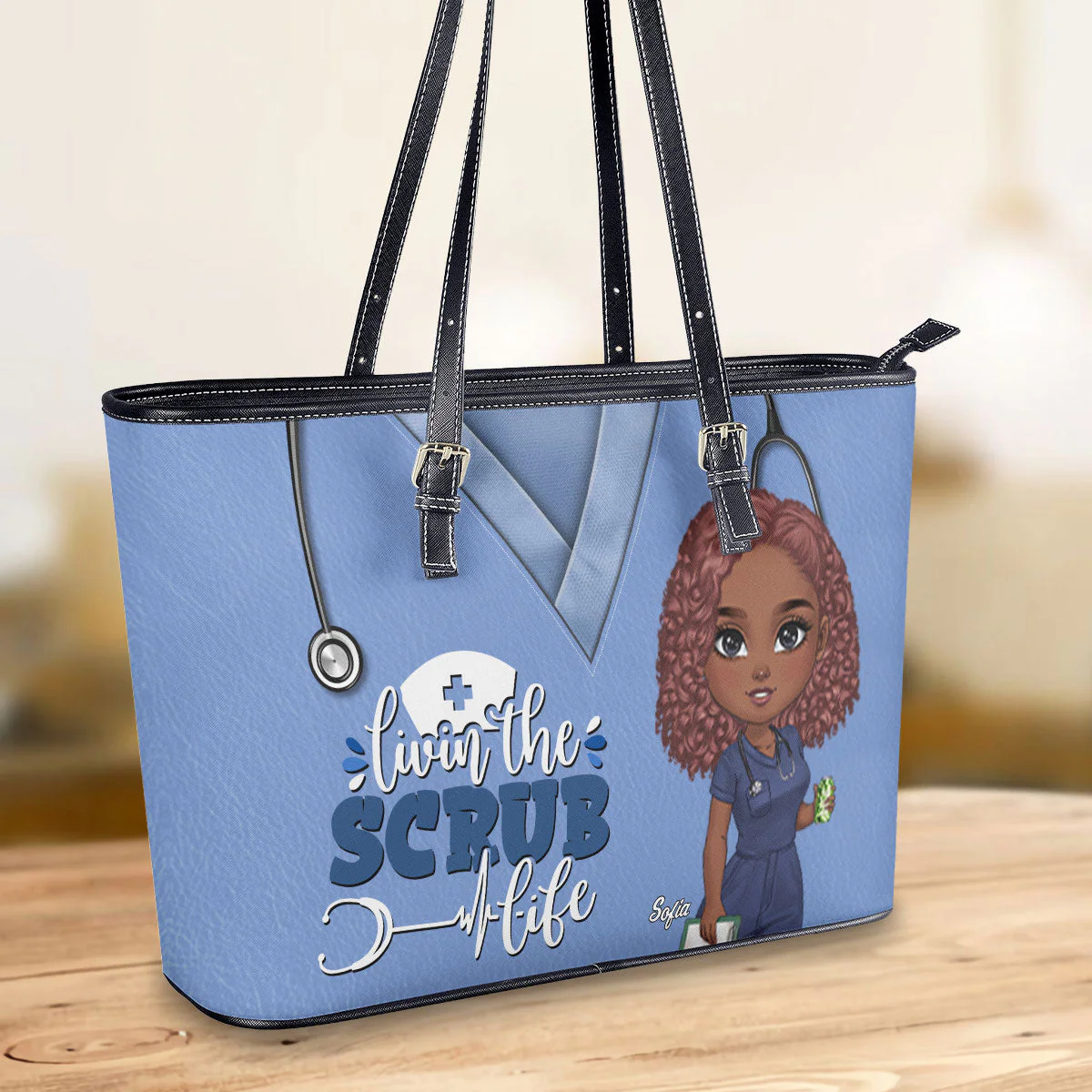 Living The Scrub Life - Personalized Leather Tote Bag - Gift For Nurse | NR4 HH01 - Image 2