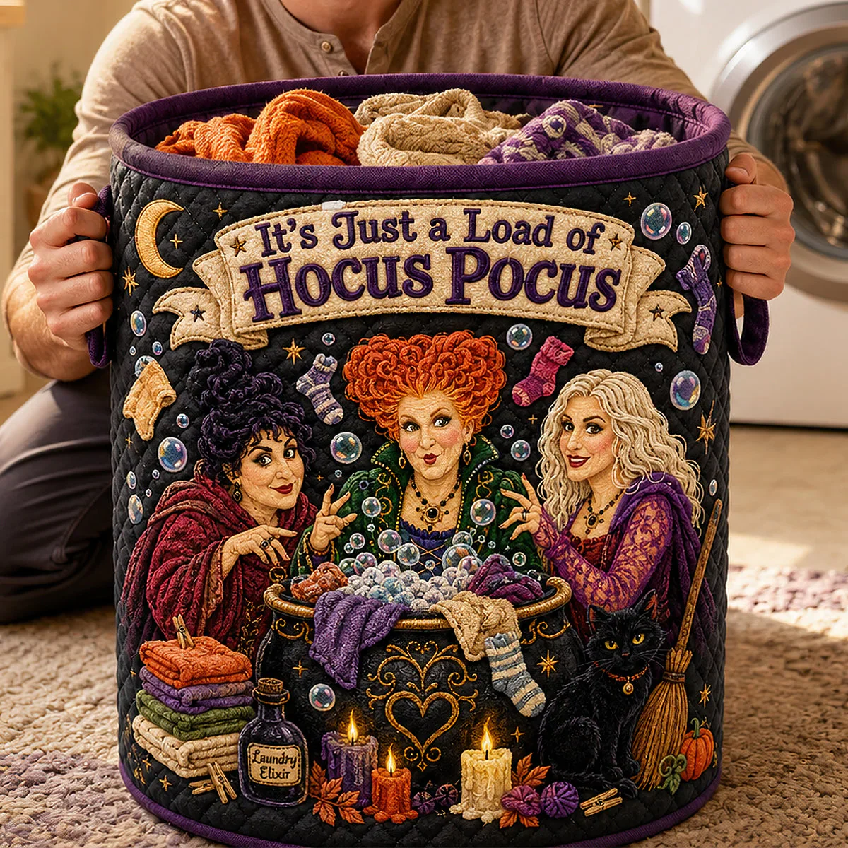 Load Of Three Witches - Personalized Quilted Laundry Basket - Halloween Gift