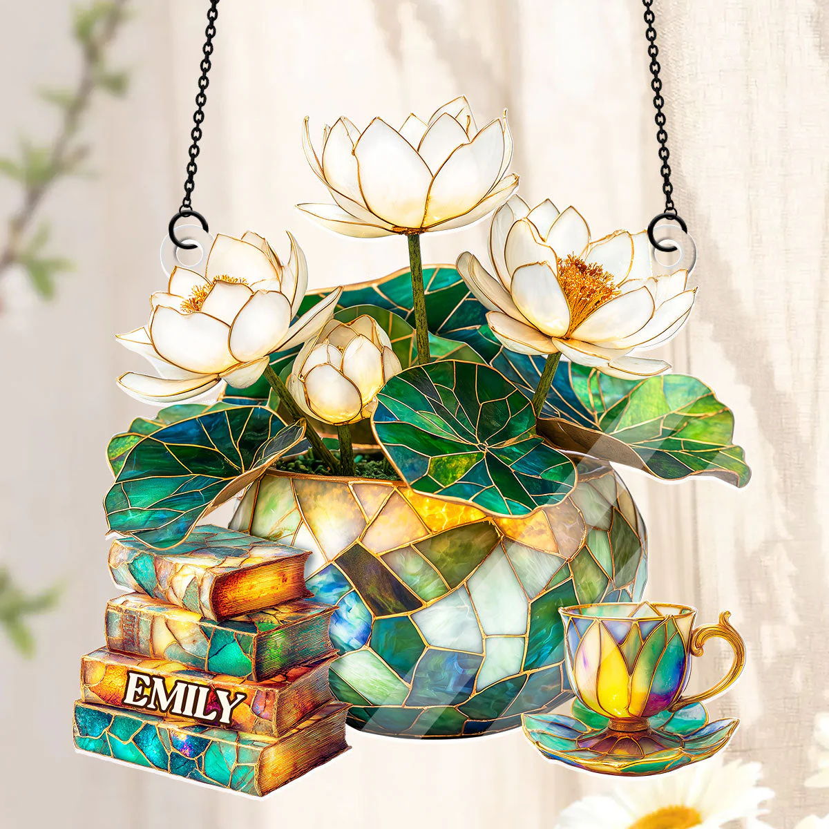 Lotus, Books, And Tea  - Personalized Acrylic Suncatcher - Gift For Her, Book Lovers HH01 - Image 3