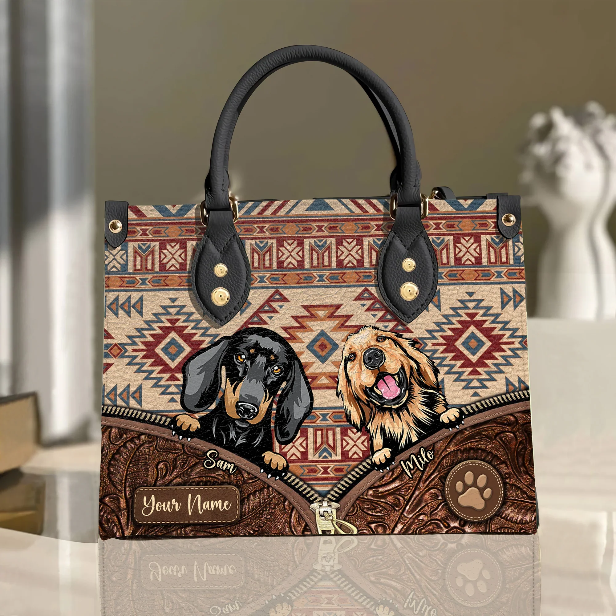 Love At First Wag Aztec Pattern - Personalized Leather Handbag - Gift for Dog Lovers, Dog Mom | CLP13 NH96 - Image 2