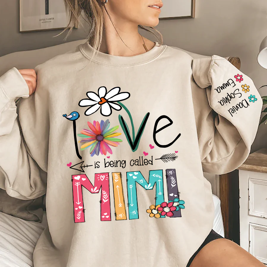 Love Is Being Called Mimi And Grandkids - Personalized Sweatshirt With Design On Sleeve - Gift For Mom, Grandma | HN02