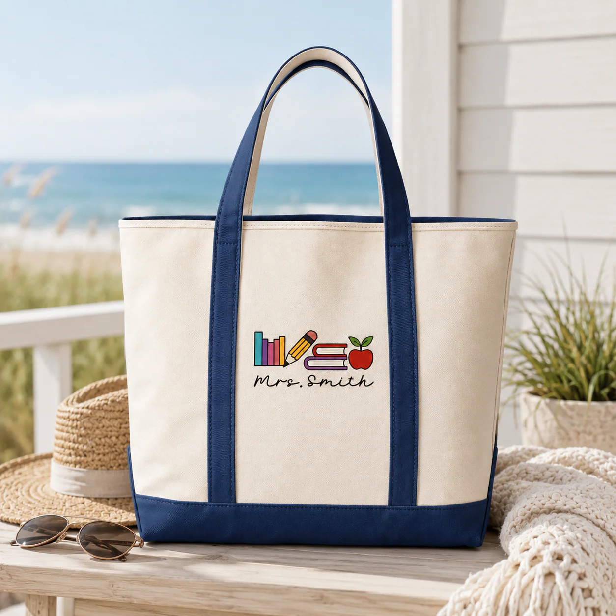 Love Teacher School Books Pencil Apple - Personalized Embroidery Tote Bag - Gift For Students, Teacher