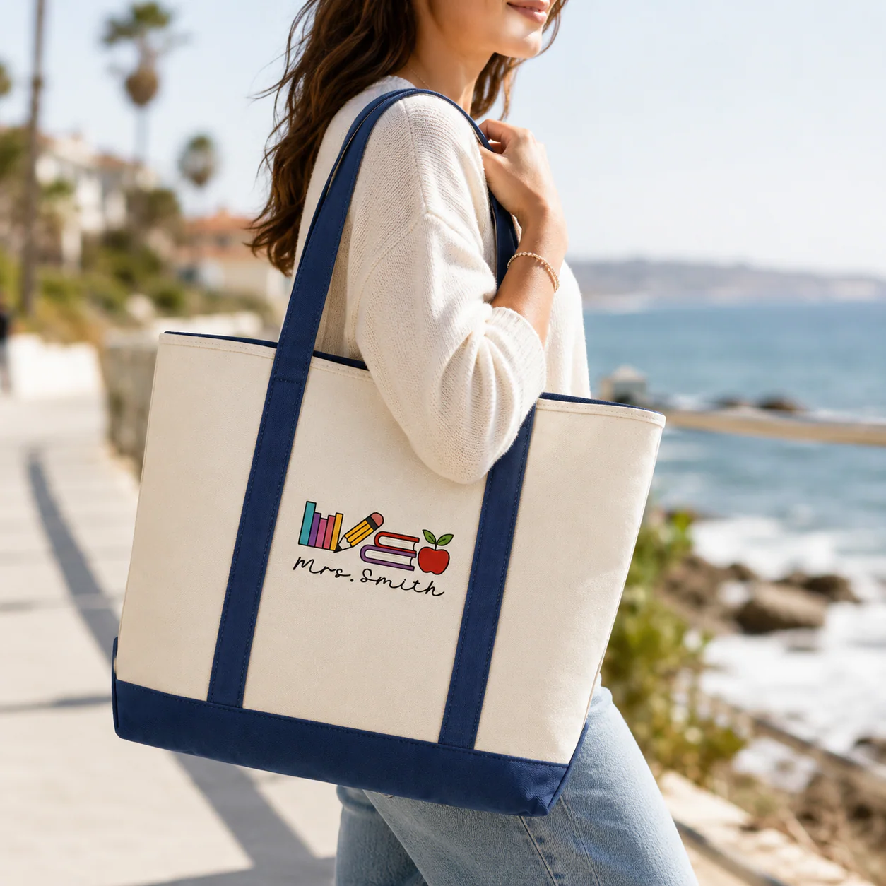 Love Teacher School Books Pencil Apple - Personalized Embroidery Tote Bag - Gift For Students, Teacher - Image 5