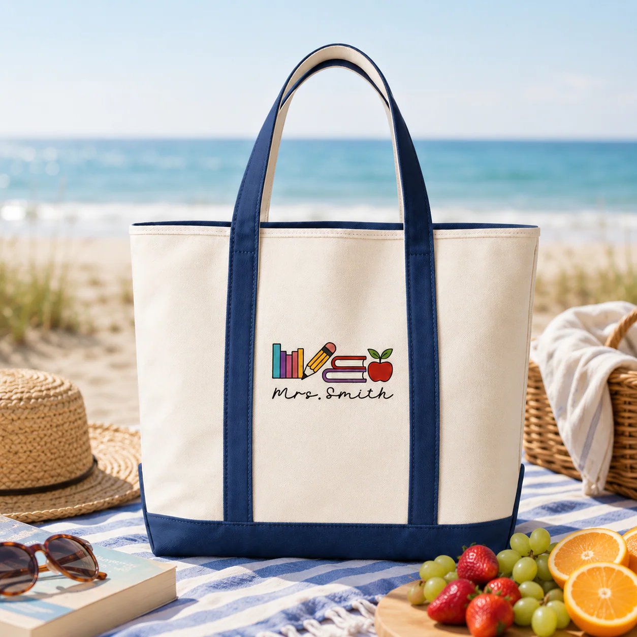 Love Teacher School Books Pencil Apple - Personalized Embroidery Tote Bag - Gift For Students, Teacher - Image 6