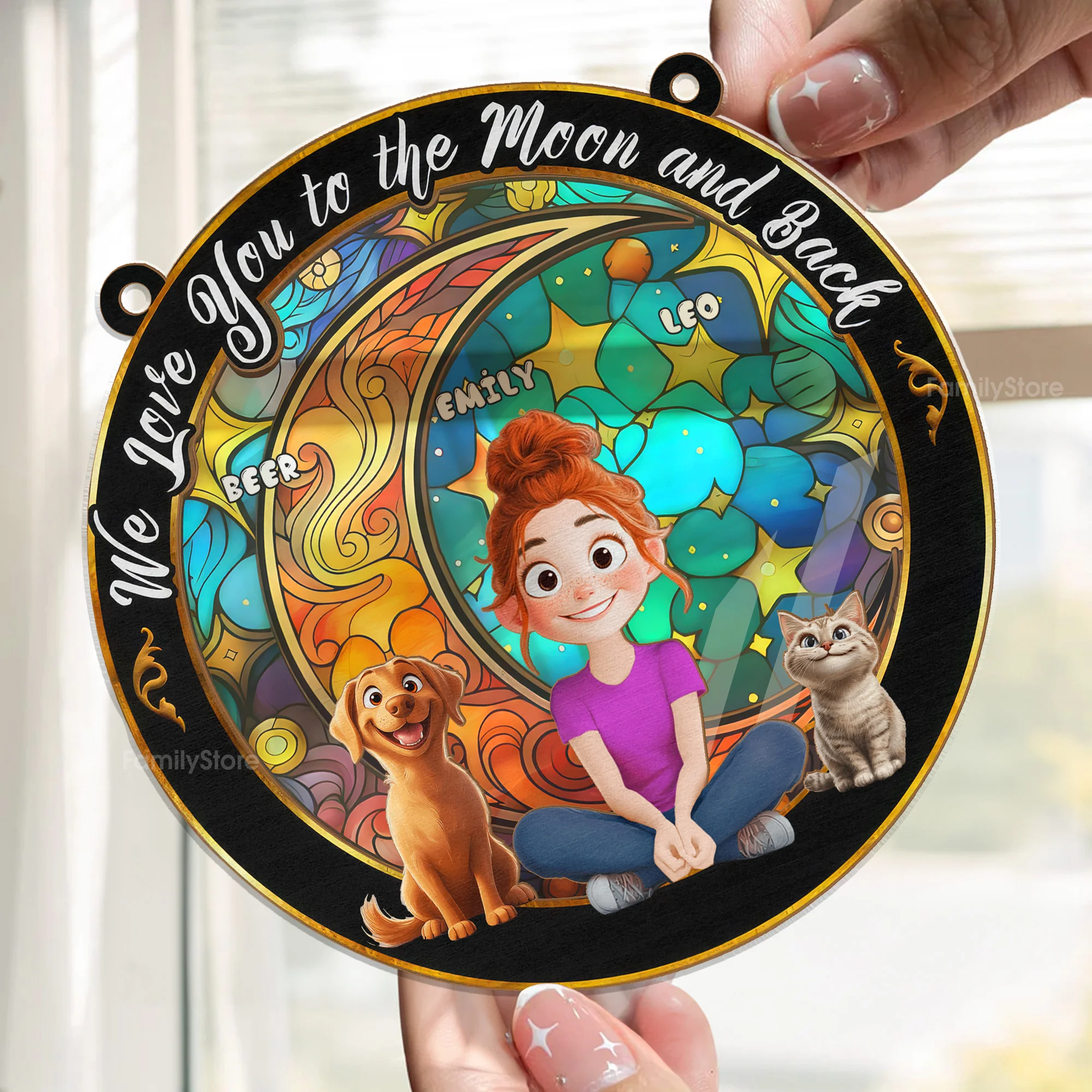 Love You To The Moon And Back Cartoon Pets - Personalized Window Hanging Window Hanging Suncatcher Ornament - GIft For  Pet Lovers | CLP15 NA94 - Image 2