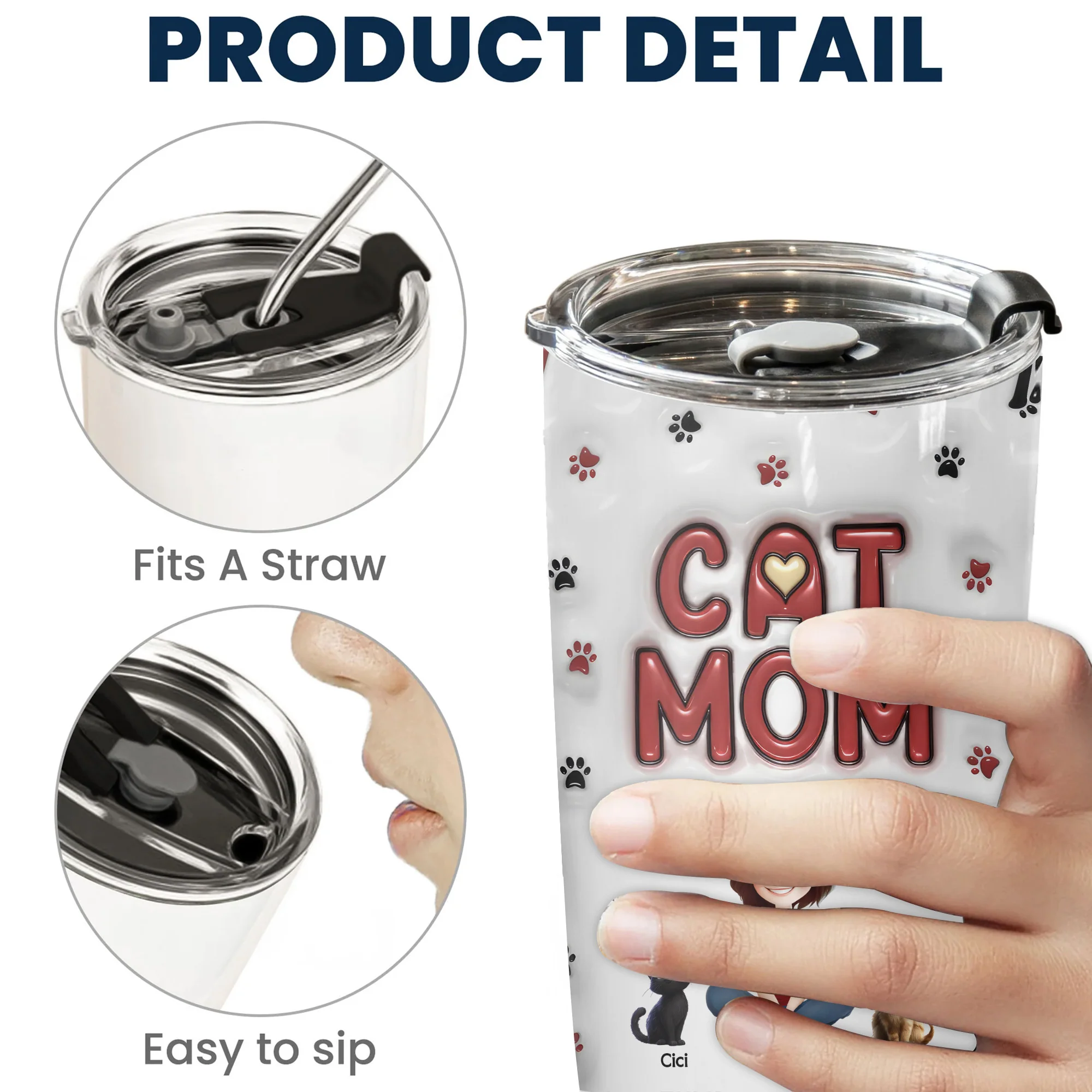 Lovely Cat Mom 3D Inflated Effect Cartoon Cat - Personalized Tumbler Cup - Gift for Pet Owners, Pet Lovers, Cat Mom | CLP15 NH96 - Image 5