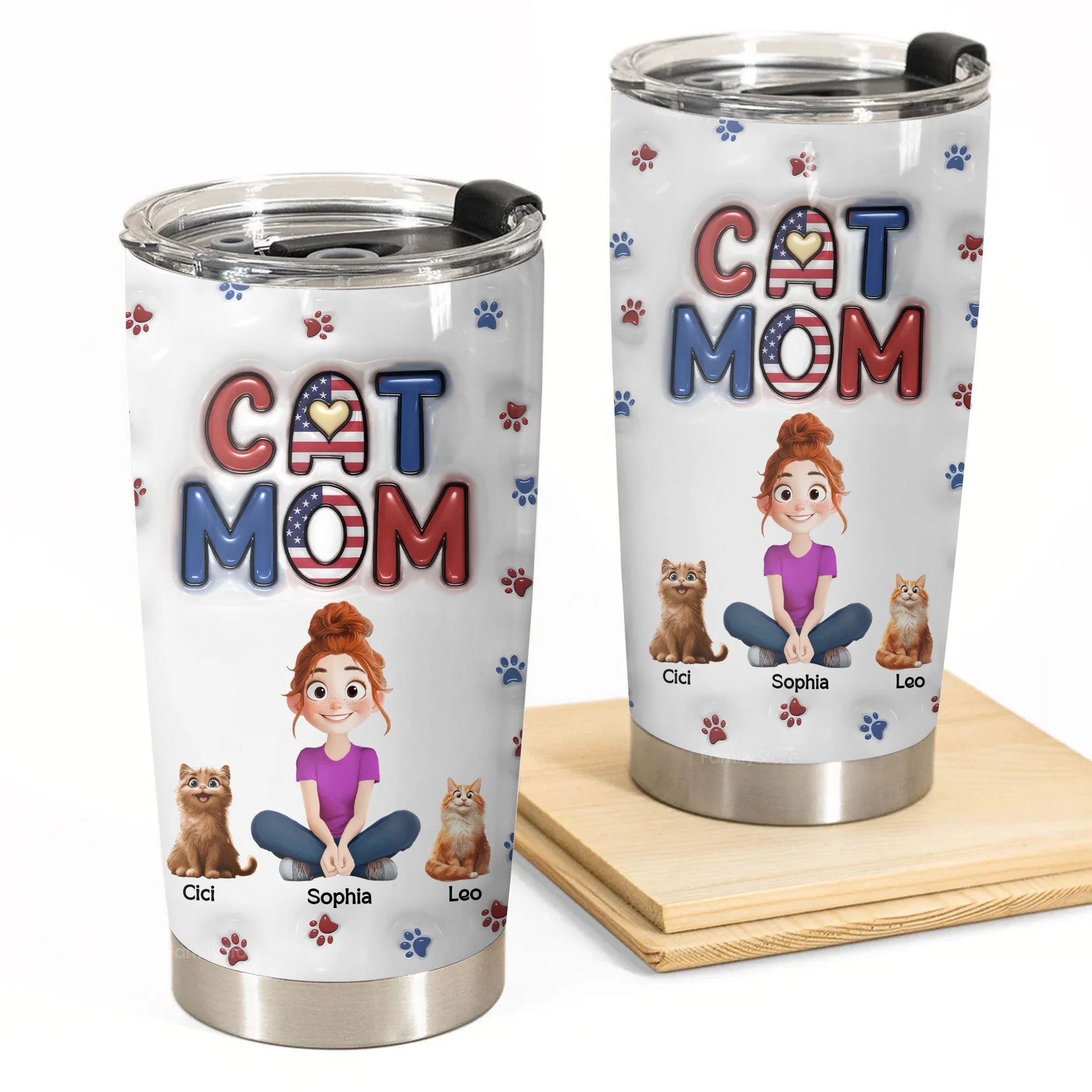 Lovely Cat Mom Independence Day 3D Inflated Effect Cartoon Cat - Personalized Tumbler Cup - Gift for Pet Owners, Pet Lovers, Cat Mom | CLP15 NH96