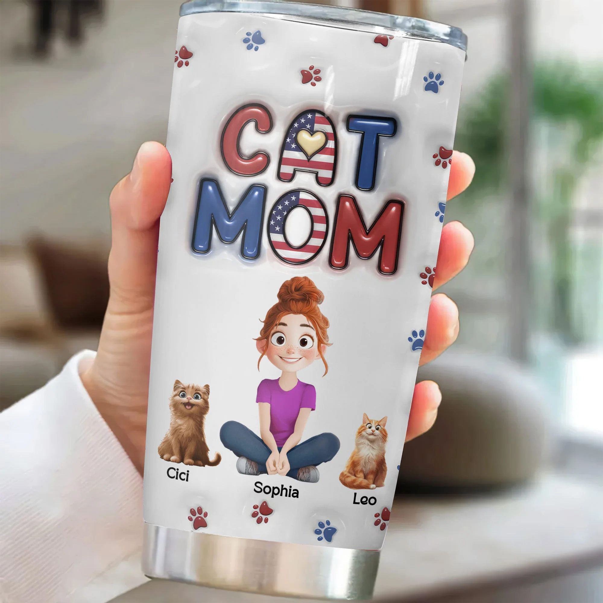 Lovely Cat Mom Independence Day 3D Inflated Effect Cartoon Cat - Personalized Tumbler Cup - Gift for Pet Owners, Pet Lovers, Cat Mom | CLP15 NH96 - Image 2