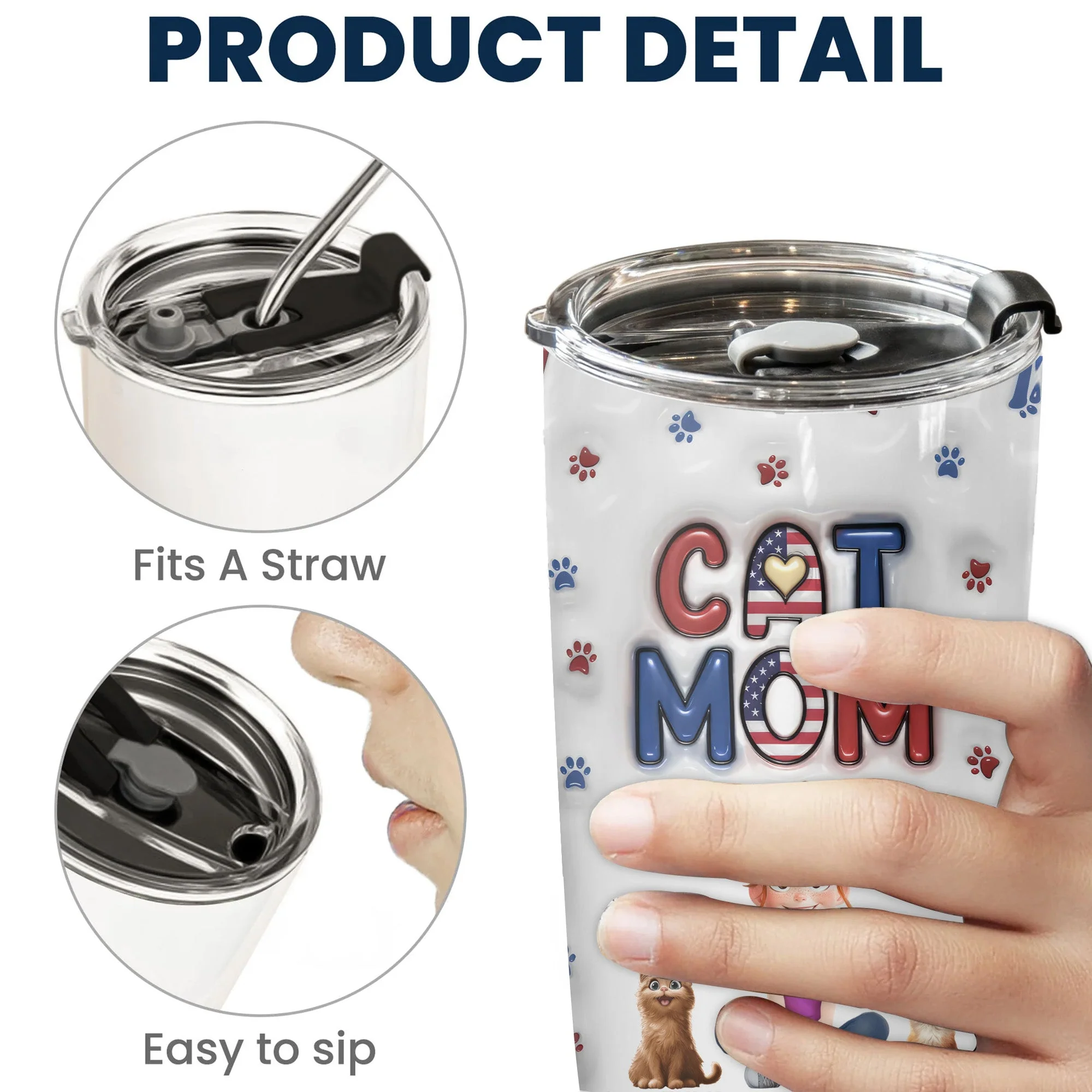 Lovely Cat Mom Independence Day 3D Inflated Effect Cartoon Cat - Personalized Tumbler Cup - Gift for Pet Owners, Pet Lovers, Cat Mom | CLP15 NH96 - Image 5