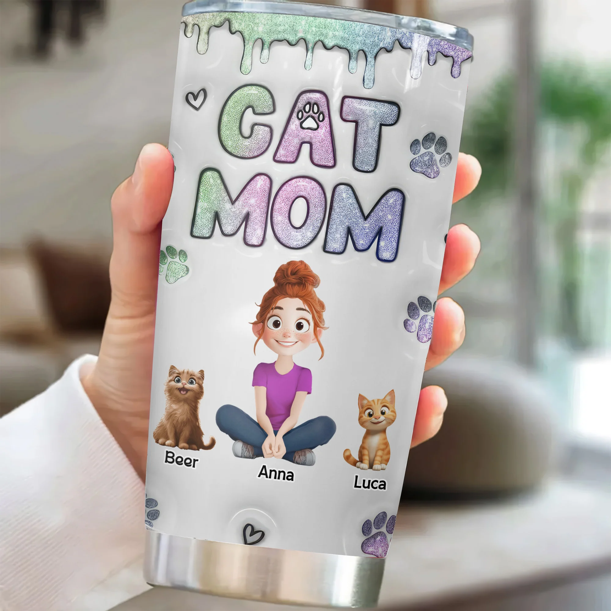 Lovely Chibi Cat Mom 3D Inflated Effect Cartoon Cat - Personalized Tumbler Cup - Gift for Pet Owners, Pet Lovers, Cat Mom | CLP15 NH96 - Image 2