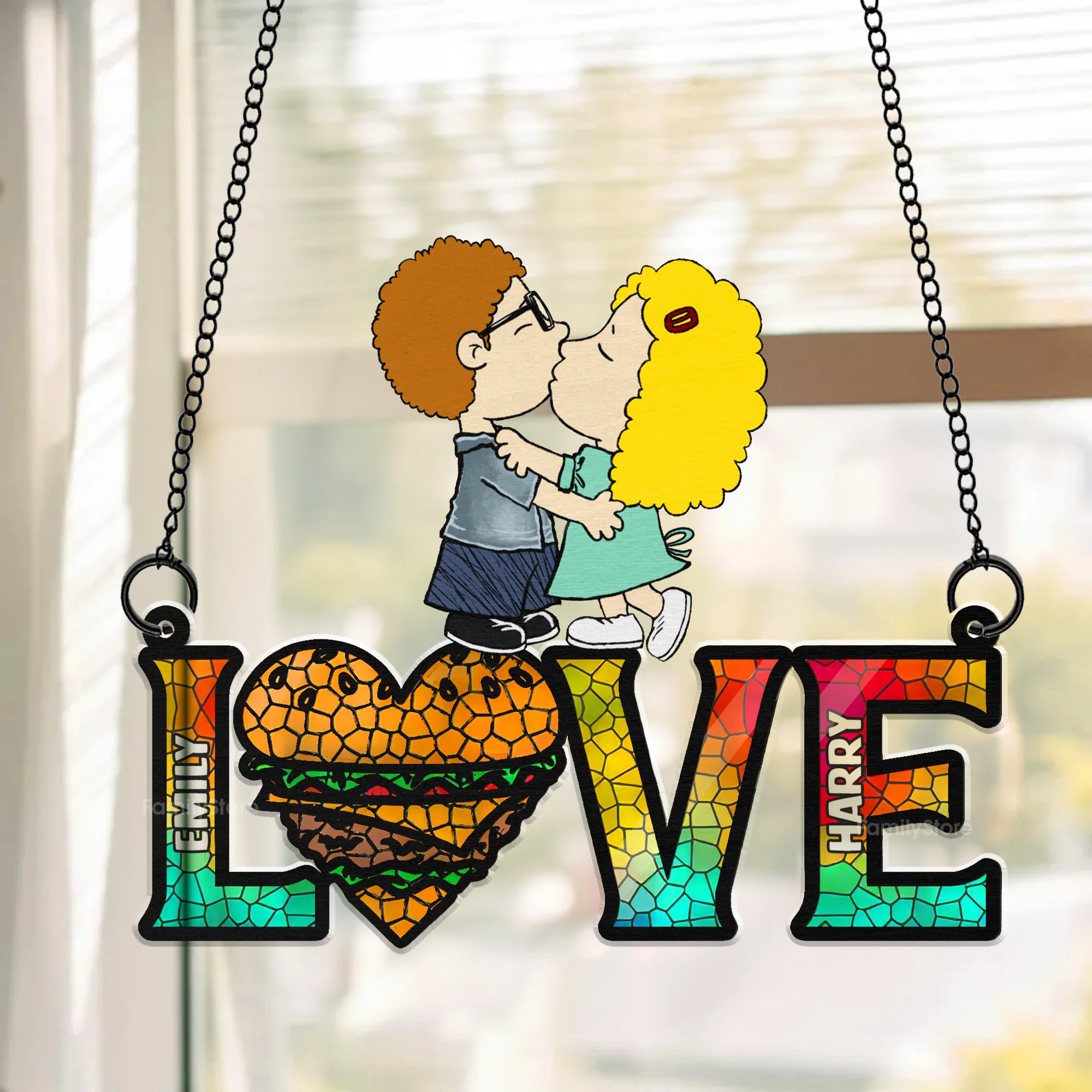 Lovely Peanut Couple - Personalized Window Hanging Suncatcher Ornament - Gift For Couple, Husband Wife | GR9 NH96
