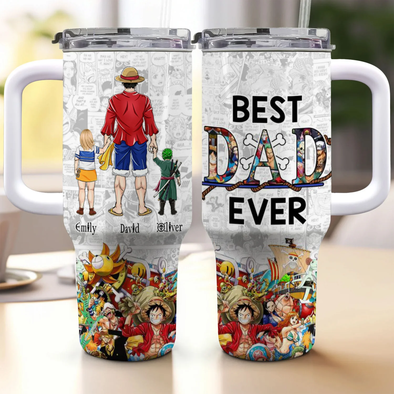 OnPi Pirate Adventure Luffy And The Adventure With His Kids - Gift For Dad, Husband, Father's Day - Personalized 40oz Tumbler Cup With Straw CL11 NA94
