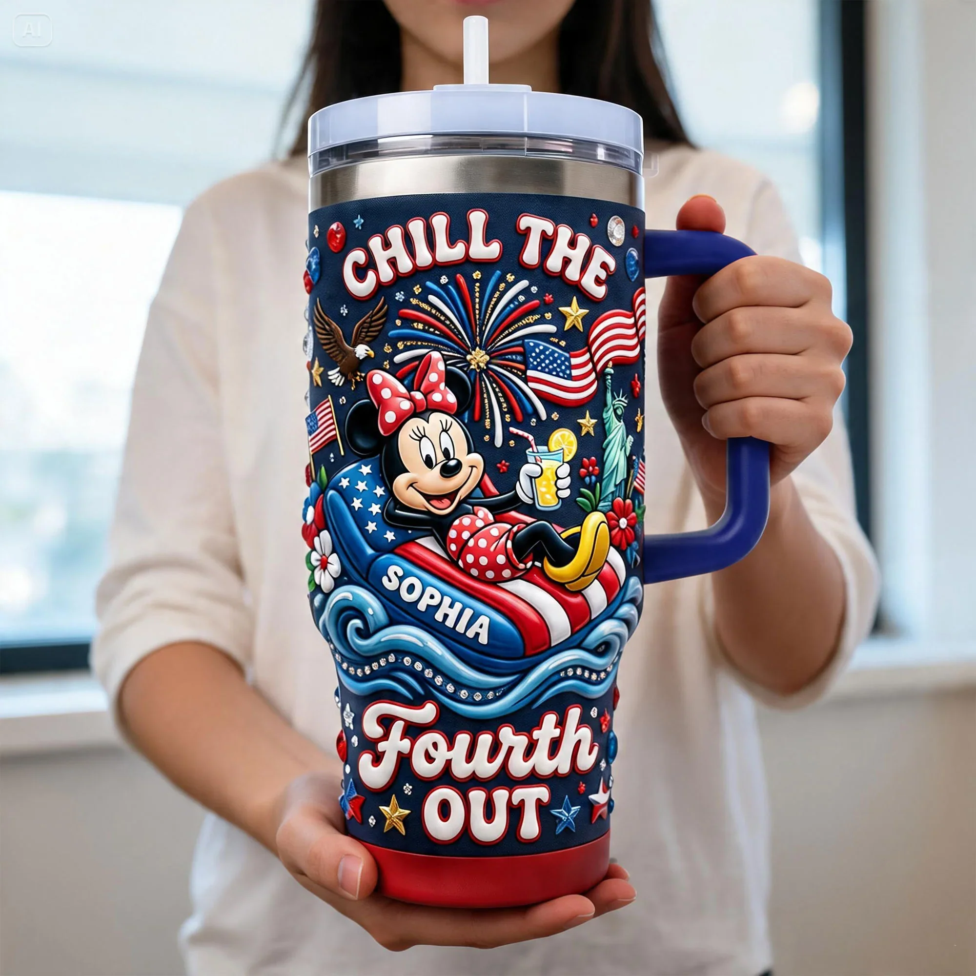 Magic Mouse Chill The 4th Of July - Personalized Tumbler With Handle - Gift For Movie Fans - MkMo