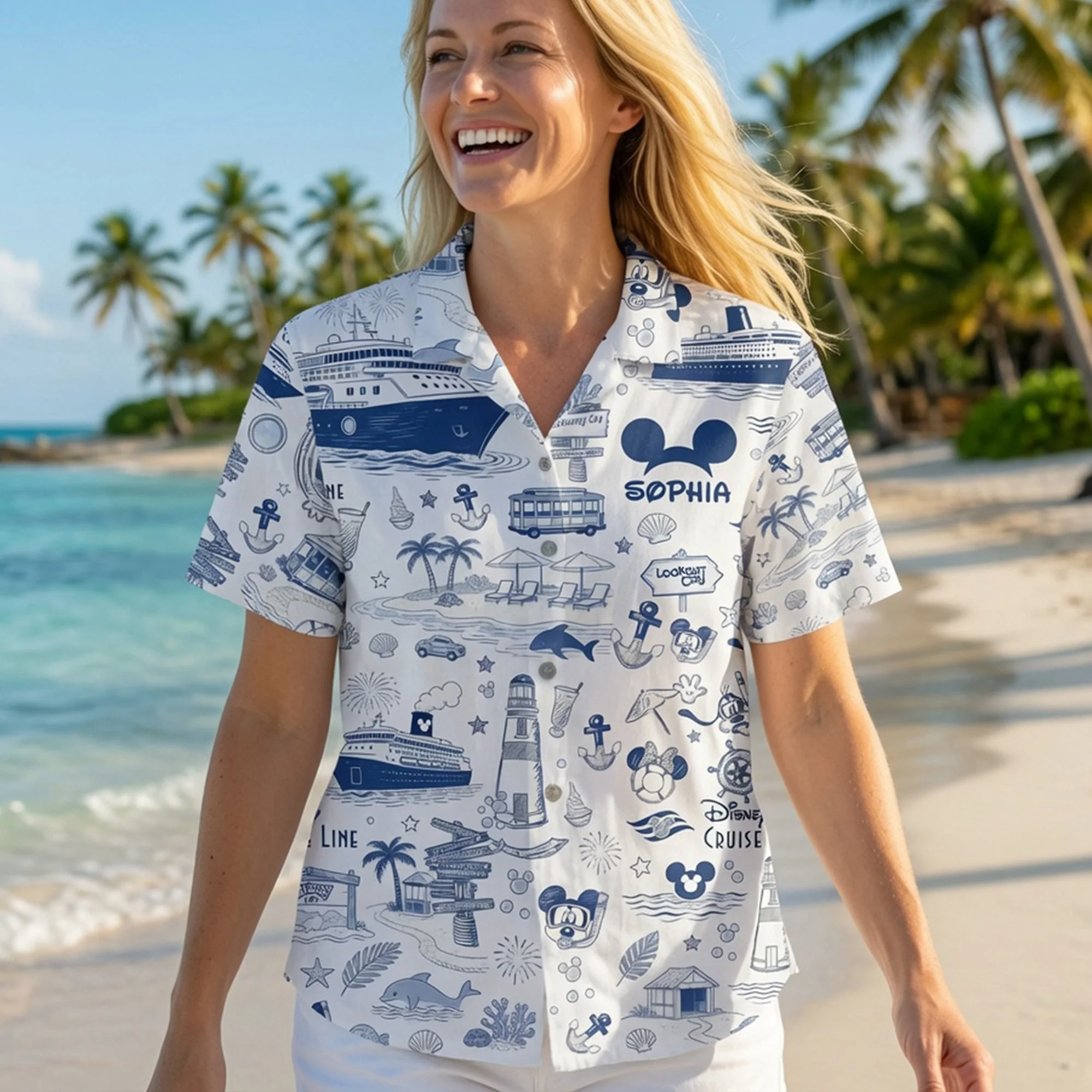 Toile De jouy Magic Mouse & Friends Blue Cruise Vacation Toile - Hawaiian Shirt - DSNY - Image 2