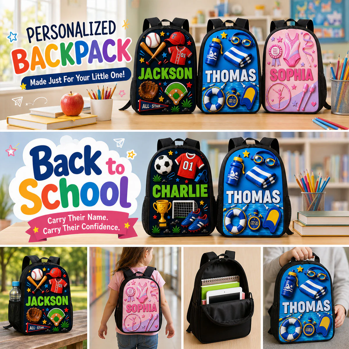 Magical Sports Soccer Baseball - Personalized Backpack, Lunch Bag, Pencil Case & Water Bottle - Back to School Gift